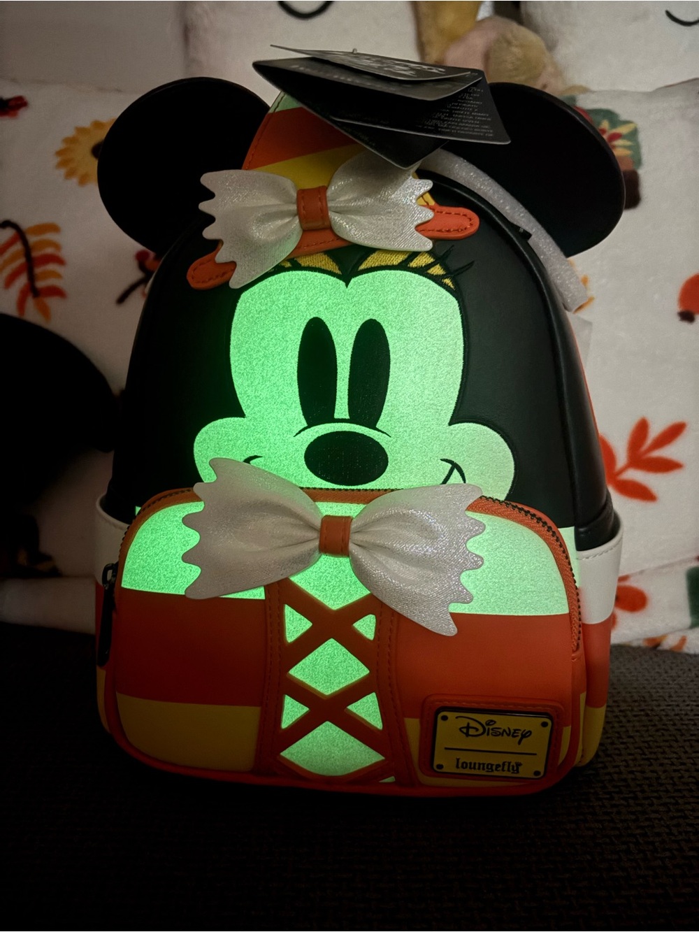 Loungefly glow in the dark Minnie Mouse candy corn Halloween backpack NWT